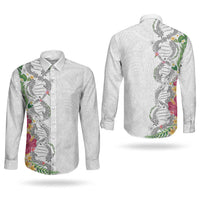 Hawaii DNA Kakau Tattoo Couples Matching Off The Shoulder Long Sleeve Dress and Long Sleeve Button Shirt with Plumeria and Hibiscus Tropical Plants White Color