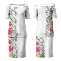 Hawaii DNA Kakau Tattoo Couples Matching Puletasi and Long Sleeve Button Shirt with Plumeria and Hibiscus Tropical Plants White Color
