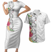 Hawaii DNA Kakau Tattoo Couples Matching Short Sleeve Bodycon Dress and Hawaiian Shirt with Plumeria and Hibiscus Tropical Plants White Color