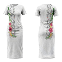 Hawaii DNA Kakau Tattoo Couples Matching Short Sleeve Bodycon Dress and Hawaiian Shirt with Plumeria and Hibiscus Tropical Plants White Color