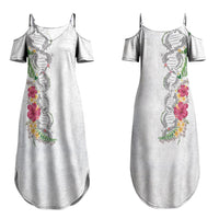 Hawaii DNA Kakau Tattoo Couples Matching Summer Maxi Dress and Hawaiian Shirt with Plumeria and Hibiscus Tropical Plants White Color