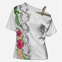 Hawaii DNA Kakau Tattoo Cross Shoulder Shirt with Plumeria and Hibiscus Tropical Plants White Color