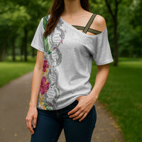 Hawaii DNA Kakau Tattoo Cross Shoulder Shirt with Plumeria and Hibiscus Tropical Plants White Color