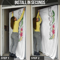 Hawaii DNA Kakau Tattoo Door Cover with Plumeria and Hibiscus Tropical Plants White Color
