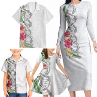Hawaii DNA Kakau Tattoo Family Matching Long Sleeve Bodycon Dress and Hawaiian Shirt with Plumeria and Hibiscus Tropical Plants White Color LT03 - Polynesian Pride