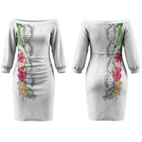 Hawaii DNA Kakau Tattoo Family Matching Off The Shoulder Long Sleeve Dress and Hawaiian Shirt with Plumeria and Hibiscus Tropical Plants White Color