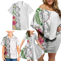 Hawaii DNA Kakau Tattoo Family Matching Off Shoulder Short Dress and Hawaiian Shirt with Plumeria and Hibiscus Tropical Plants White Color