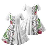 Hawaii DNA Kakau Tattoo Family Matching Off Shoulder Short Dress and Hawaiian Shirt with Plumeria and Hibiscus Tropical Plants White Color