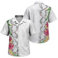 Hawaii DNA Kakau Tattoo Family Matching Short Sleeve Bodycon Dress and Hawaiian Shirt with Plumeria and Hibiscus Tropical Plants White Color