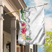 Hawaii DNA Kakau Tattoo Garden Flag with Plumeria and Hibiscus Tropical Plants White Color