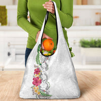 Hawaii DNA Kakau Tattoo Grocery Bag with Plumeria and Hibiscus Tropical Plants White Color