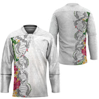 Hawaii DNA Kakau Tattoo Hockey Jersey with Plumeria and Hibiscus Tropical Plants White Color