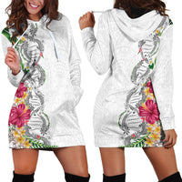 Hawaii DNA Kakau Tattoo Hoodie Dress with Plumeria and Hibiscus Tropical Plants White Color
