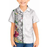 Hawaii DNA Kakau Tattoo Kid Hawaiian Shirt with Plumeria and Hibiscus Tropical Plants White Color