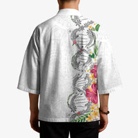 Hawaii DNA Kakau Tattoo Kimono with Plumeria and Hibiscus Tropical Plants White Color