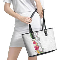 Hawaii DNA Kakau Tattoo Leather Tote Bag with Plumeria and Hibiscus Tropical Plants White Color