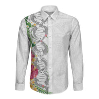 Hawaii DNA Kakau Tattoo Long Sleeve Button Shirt with Plumeria and Hibiscus Tropical Plants White Color LT03 Unisex White - Polynesian Pride