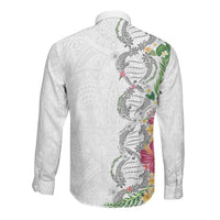 Hawaii DNA Kakau Tattoo Long Sleeve Button Shirt with Plumeria and Hibiscus Tropical Plants White Color LT03 - Polynesian Pride