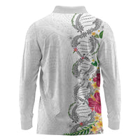 Hawaii DNA Kakau Tattoo Long Sleeve Polo Shirt with Plumeria and Hibiscus Tropical Plants White Color