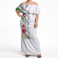 Hawaii DNA Kakau Tattoo Off Shoulder Maxi Dress with Plumeria and Hibiscus Tropical Plants White Color LT03 Women White - Polynesian Pride