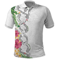 Hawaii DNA Kakau Tattoo Polo Shirt with Plumeria and Hibiscus Tropical Plants White Color