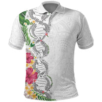Hawaii DNA Kakau Tattoo Polo Shirt with Plumeria and Hibiscus Tropical Plants White Color LT03 White - Polynesian Pride