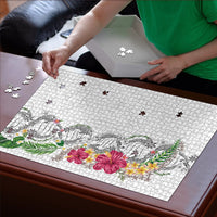 Hawaii DNA Kakau Tattoo Puzzle with Plumeria and Hibiscus Tropical Plants White Color