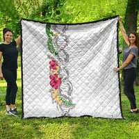 Hawaii DNA Kakau Tattoo Quilt with Plumeria and Hibiscus Tropical Plants White Color