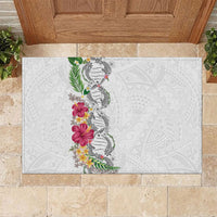 Hawaii DNA Kakau Tattoo Rubber Doormat with Plumeria and Hibiscus Tropical Plants White Color