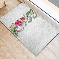 Hawaii DNA Kakau Tattoo Rubber Doormat with Plumeria and Hibiscus Tropical Plants White Color