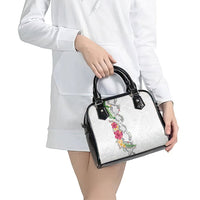 Hawaii DNA Kakau Tattoo Shoulder Handbag with Plumeria and Hibiscus Tropical Plants White Color