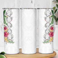Hawaii DNA Kakau Tattoo Skinny Tumbler with Plumeria and Hibiscus Tropical Plants White Color