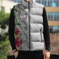 Hawaii DNA Kakau Tattoo Sleeveless Puffer Jacket with Plumeria and Hibiscus Tropical Plants White Color