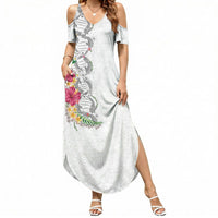Hawaii DNA Kakau Tattoo Summer Maxi Dress with Plumeria and Hibiscus Tropical Plants White Color LT03 Women White - Polynesian Pride