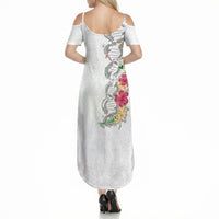 Hawaii DNA Kakau Tattoo Summer Maxi Dress with Plumeria and Hibiscus Tropical Plants White Color LT03 - Polynesian Pride
