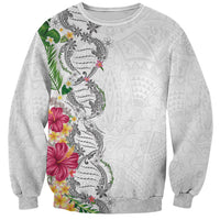 Hawaii DNA Kakau Tattoo Sweatshirt with Plumeria and Hibiscus Tropical Plants White Color