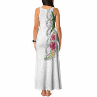 Hawaii DNA Kakau Tattoo Tank Maxi Dress with Plumeria and Hibiscus Tropical Plants White Color