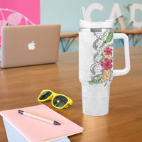 Hawaii DNA Kakau Tattoo Tumbler With Handle with Plumeria and Hibiscus Tropical Plants White Color