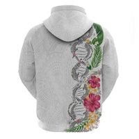 Hawaii DNA Kakau Tattoo Zip Hoodie with Plumeria and Hibiscus Tropical Plants White Color