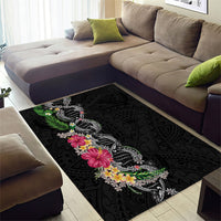 Hawaii DNA Kakau Tattoo Area Rug with Plumeria and Hibiscus Tropical Plants Black Color