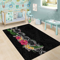 Hawaii DNA Kakau Tattoo Area Rug with Plumeria and Hibiscus Tropical Plants Black Color