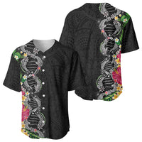 Hawaii DNA Kakau Tattoo Baseball Jersey with Plumeria and Hibiscus Tropical Plants Black Color