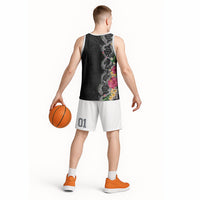 Hawaii DNA Kakau Tattoo Basketball Jersey with Plumeria and Hibiscus Tropical Plants Black Color
