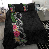 Hawaii DNA Kakau Tattoo Bedding Set with Plumeria and Hibiscus Tropical Plants Black Color