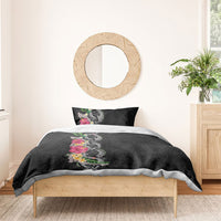 Hawaii DNA Kakau Tattoo Bedding Set with Plumeria and Hibiscus Tropical Plants Black Color