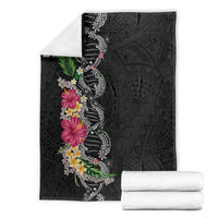 Hawaii DNA Kakau Tattoo Blanket with Plumeria and Hibiscus Tropical Plants Black Color