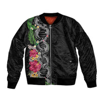 Hawaii DNA Kakau Tattoo Bomber Jacket with Plumeria and Hibiscus Tropical Plants Black Color