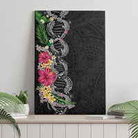 Hawaii DNA Kakau Tattoo Canvas Wall Art with Plumeria and Hibiscus Tropical Plants Black Color
