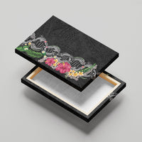 Hawaii DNA Kakau Tattoo Canvas Wall Art with Plumeria and Hibiscus Tropical Plants Black Color