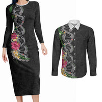 Hawaii DNA Kakau Tattoo Couples Matching Long Sleeve Bodycon Dress and Long Sleeve Button Shirt with Plumeria and Hibiscus Tropical Plants Black Color